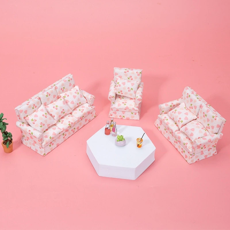 1/12 Mini Sofa Armchair/Loveseat/Three for Seat Couch Toy Floral Sofa Dollhouse Furniture Role for Play Accs Kids for Pl