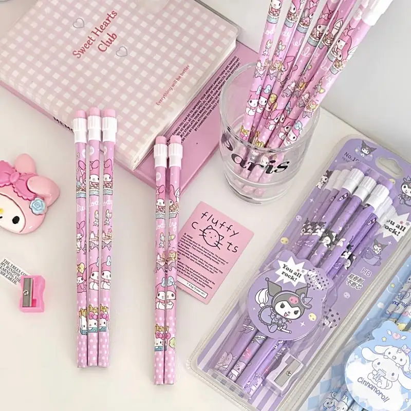 Sanrio Kuromi 12Pcs Kawaii Cartoon Hb Pencils 12 Pencils 1 Pencil Roller Stationery Box Set Writing Draw Cinnamoroll Stationery