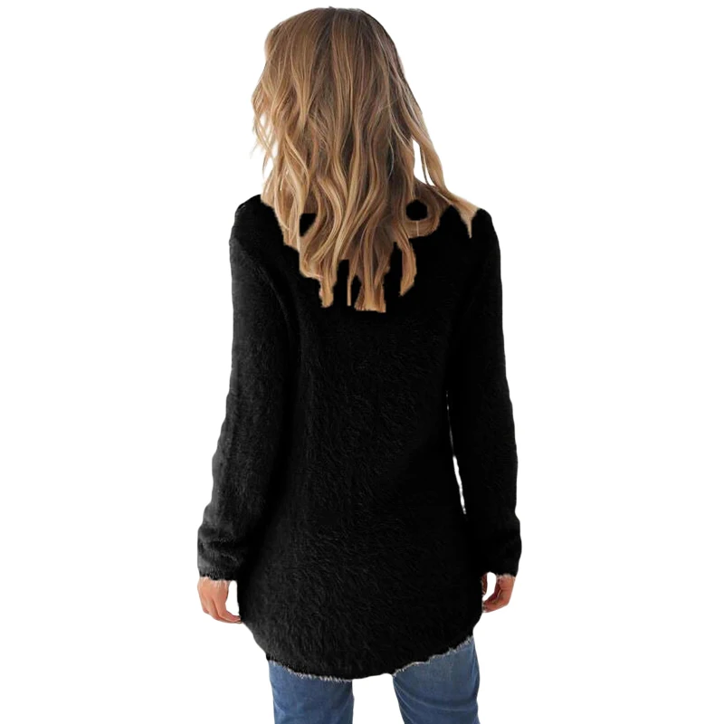 Women\'s Fluffy Sweaters Casual Fuzzy Hoodies Soft Warm Fleece Sweatshirt  Solid Color Crewneck