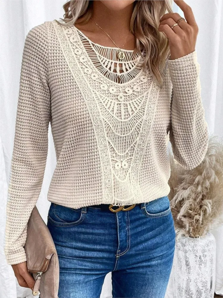 Autumn Winter New Knitted Long Sleeved Women\'s T-shirt Casual Loose Mesh Stitching Fashion Solid ColorFemale Office Knitted Top