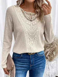 Autumn Winter New Knitted Long Sleeved Women's T-shirt Casual Loose Mesh Stitching Fashion Solid ColorFemale Office Knitted Top