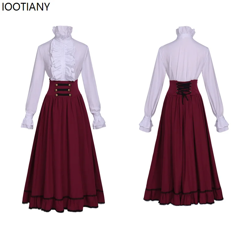 Medieval Noble Cosplay Ruffled High Waist Skirt Shirt Set Victorian Retro Gothic Pleated Fancy Dress Carnival Party Dress Up New