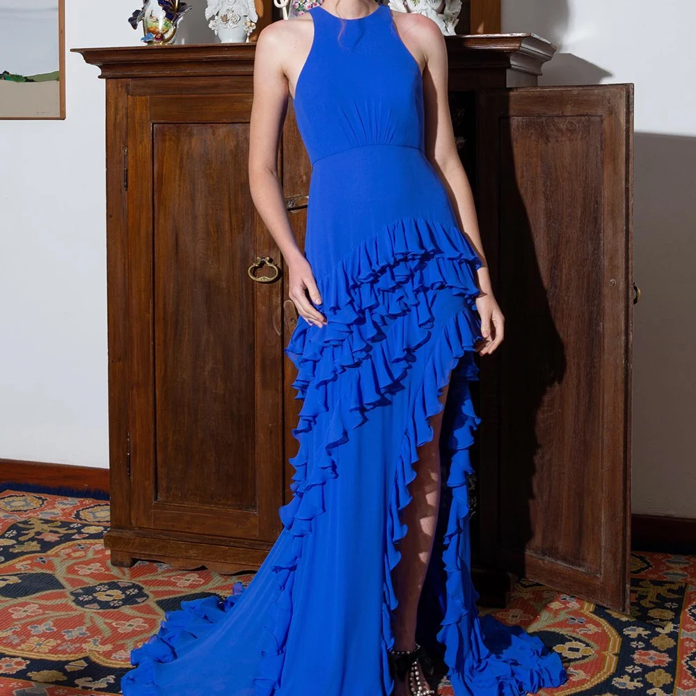 

Blue Asymmetrical Crew neck Jersey Button Evening Dress Elegant Ruched Floor Length Sleeveless Sweep Train Pleats Prom Gowns