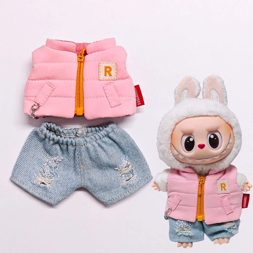 

15/17CM Labubu Doll Clothes Winter Down Vest Jeans Dress Up Dolls Accessories Sitting Party Changing Dress Christmas Gift Toys