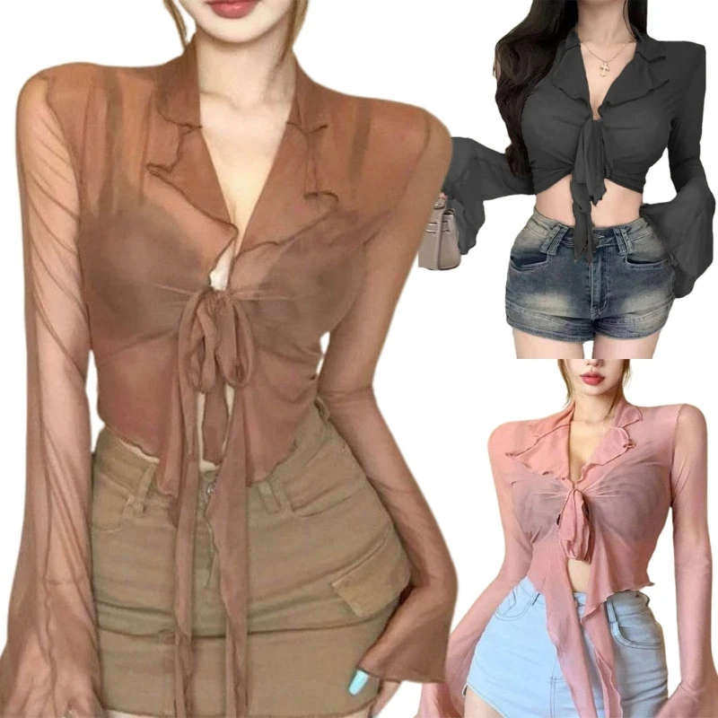 

Women Mesh T-shirt Sheer-Bell Long Sleeves Blouse Sexy Slightly Transparent Crop Top Girls Tie Front T-shirt Streetwear