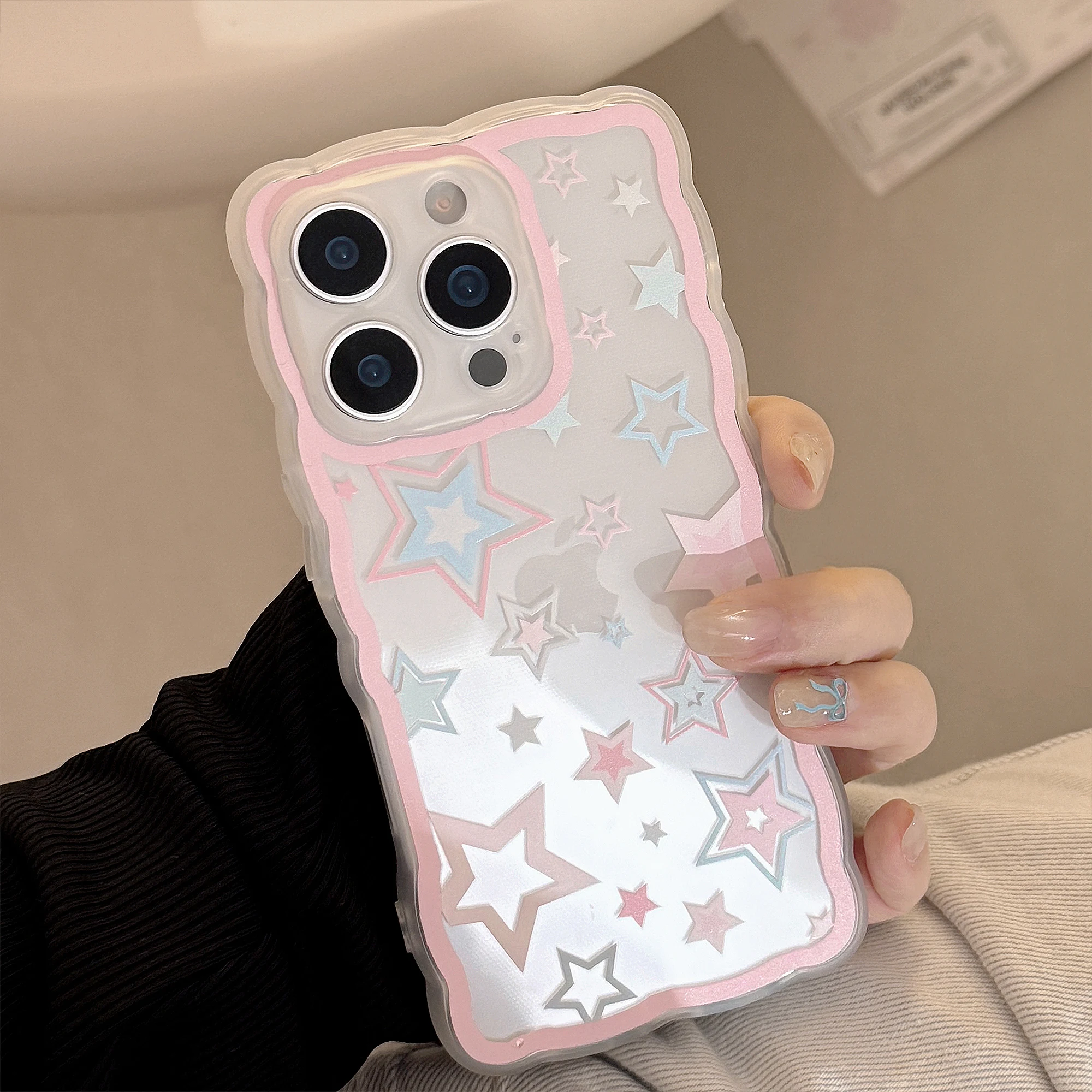 

Transparency Thin Light Big Waves Frame Pink Blue Stacked Star Phone Case For iPhone 11 12 13 14 15 16 Pro Max Anti Drop Case