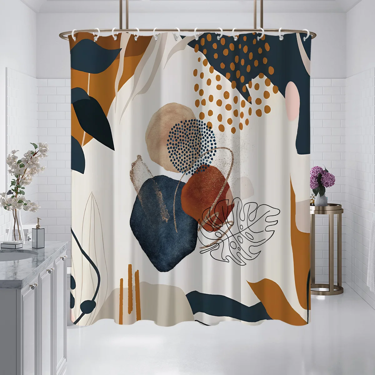 Cortina de ducha de hoja de arce con estampado de líneas, cortina de ducha con 12 ganchos, decoración moderna para el baño del hogar, cortina Universal para todas las estaciones