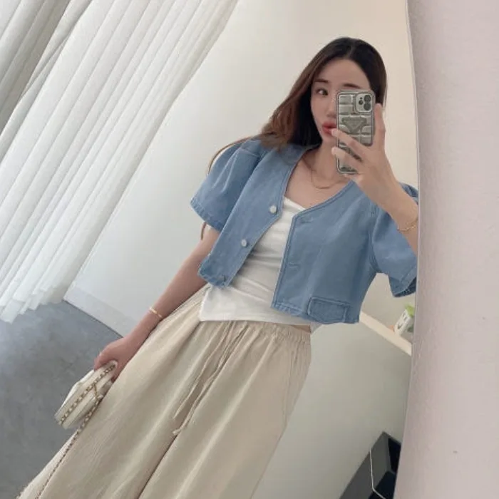 

Summer ort Bubble Sve Denim Jaet Women's Small Size Top Dongda Gate Single Button Cotton V-ne Regular Length