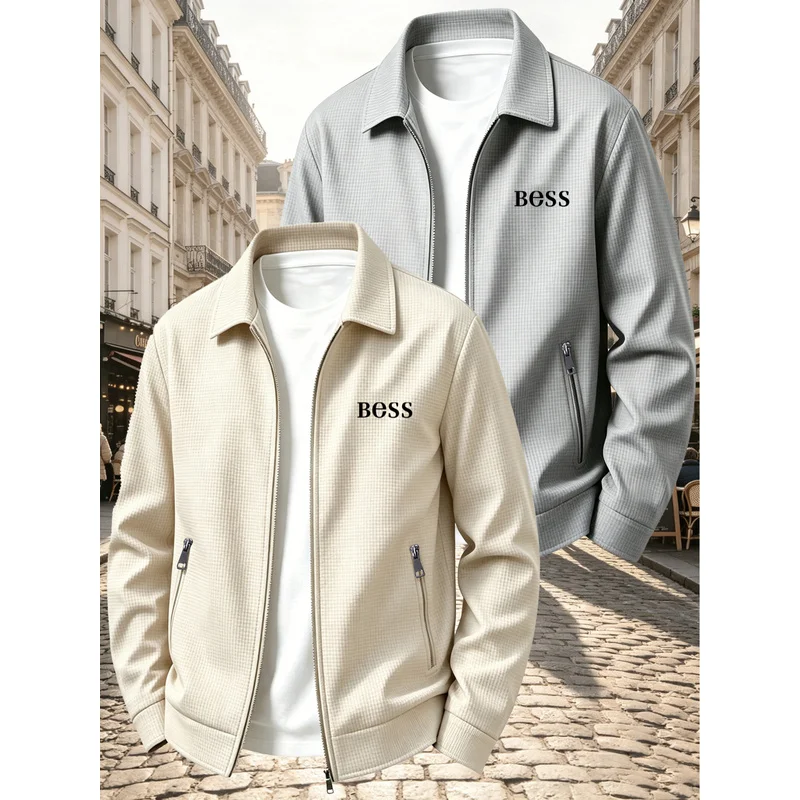 2 men's fashion lightweight casual printed jackets, high-end lapel zip-up business blazers, soft skin-friendly waffle fabric