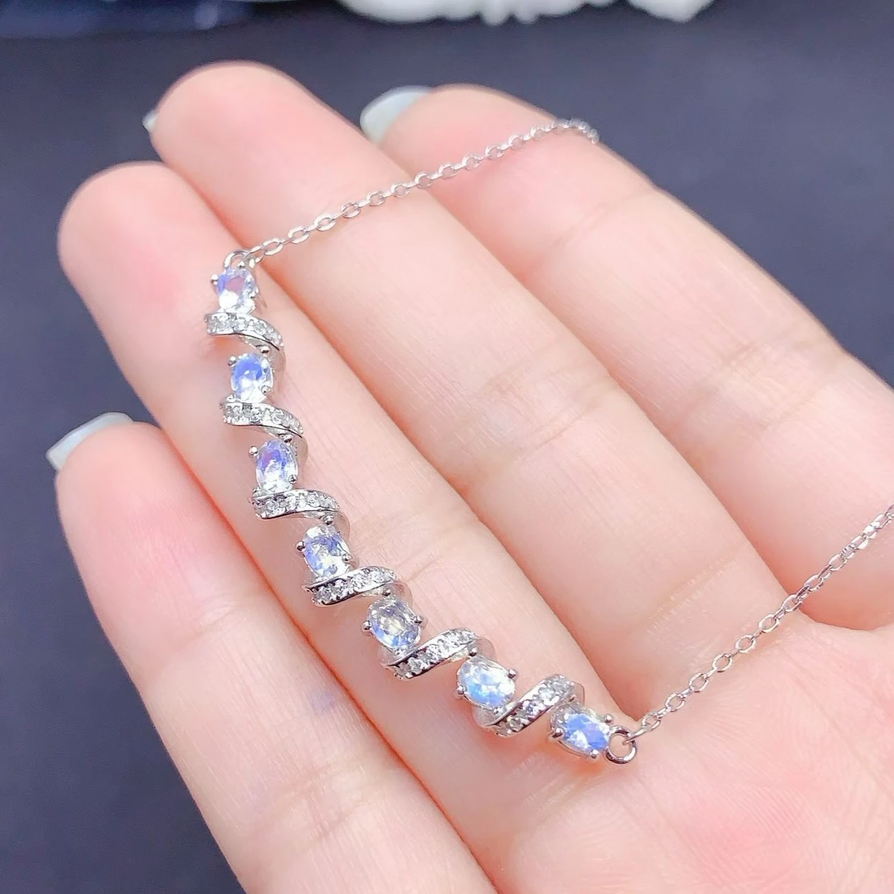925 Silver Natural Moonstone Necklace Certified Blue Sheen Gemstone Spiral Design Micro Pave Zircon Luxury Fine Jewelry Gift