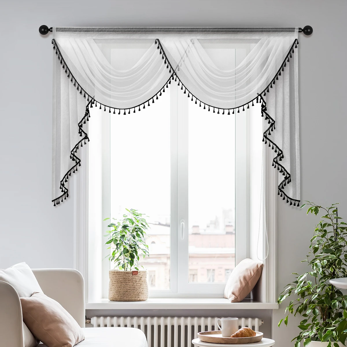 1pc Pure Color Sheer Valance with Tassel，Rod Pocket，Simple European Style Waterfall Swag Valance for the Room Window and Door