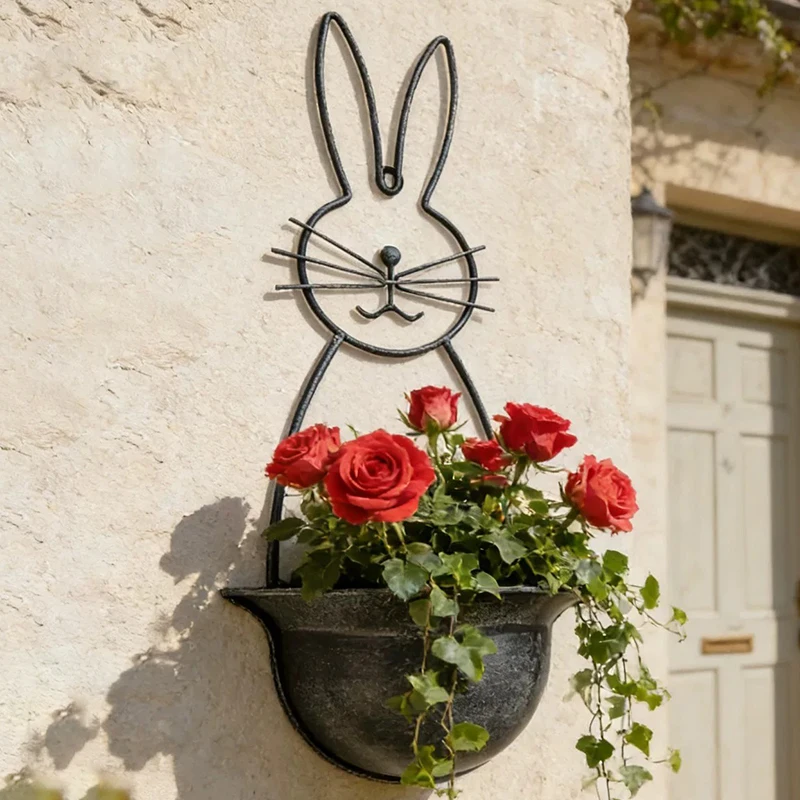 Wall Mounted Flower Pot Metal Rabbit Flowerpot Outdoor Gardening Balcony Bonsai Hanging Plant Pots Vintage Decoration Planters
