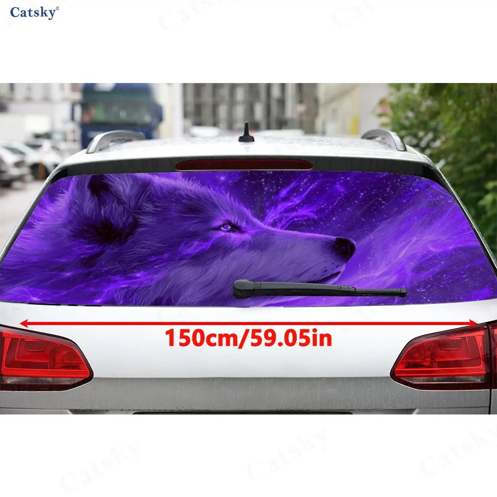 Purple Neon Wolf Dominance Scene PVC Perforated Car Vinyl Wraps, Durable Car Rear Windshield Sticker, Waterproof Car Rear Window