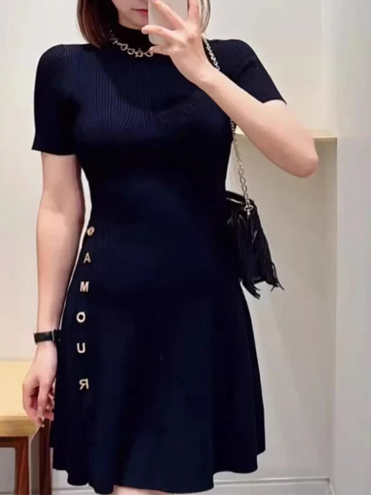 Haut de gamme ort Slim Fit Bla Dr avec lettre latérale bleu Faionable français Sle tricoté Dr pour les femmes Ci Commute