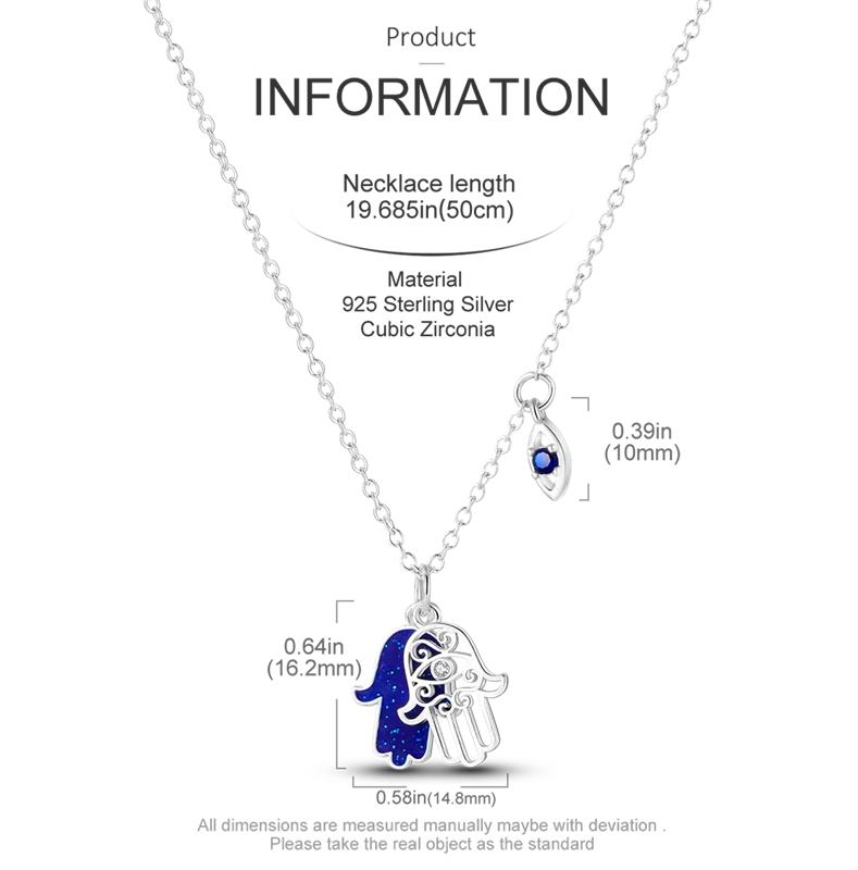 Plata De Ley 925 Sterling Silver Blue Devil Eyes Palm Necklace Overlap Falam's Hand Pendant For Women Party Gift Turkish Jewelry