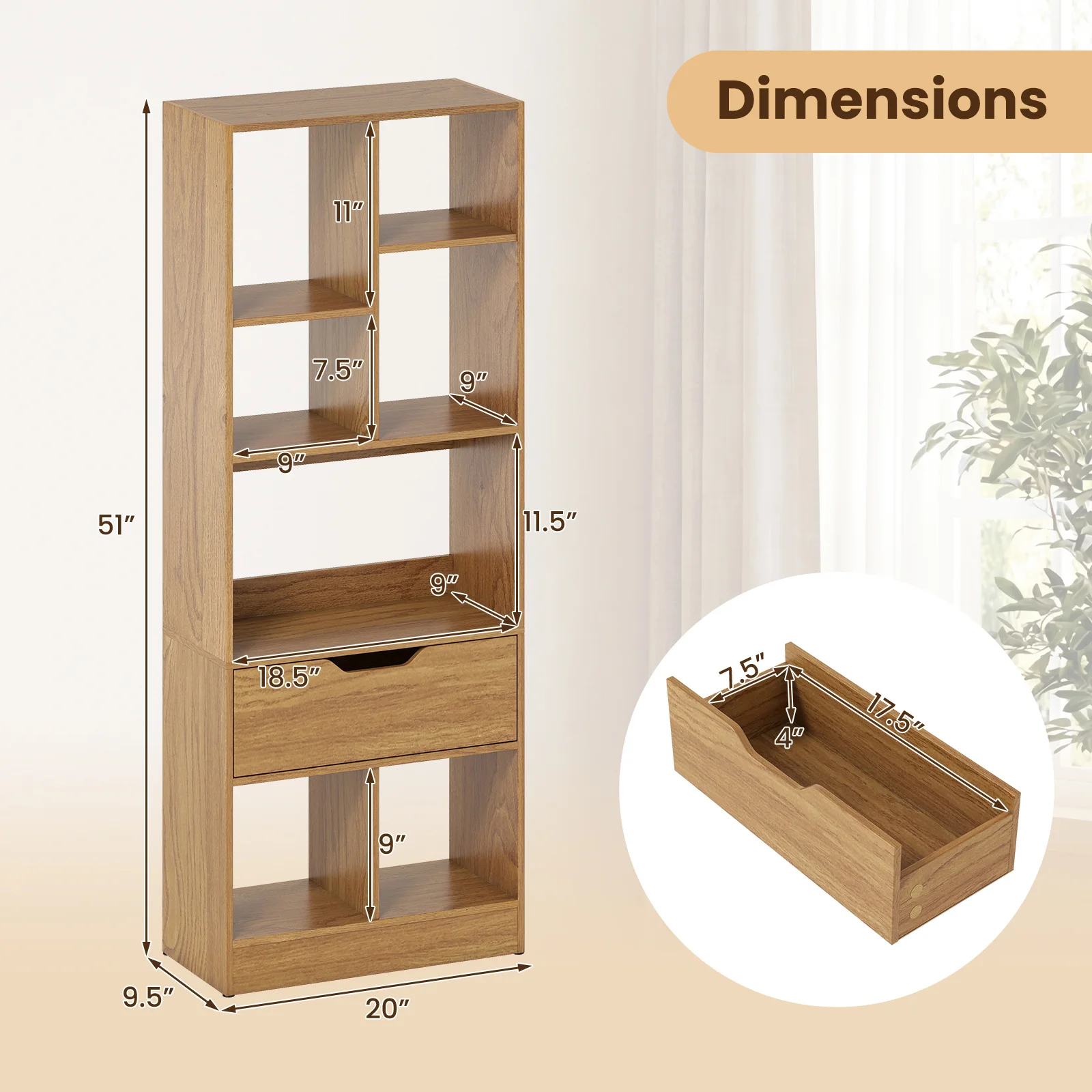 Bookcase with Drawer, 51" Tall Freestanding Storage Organizer with 7 Cubes