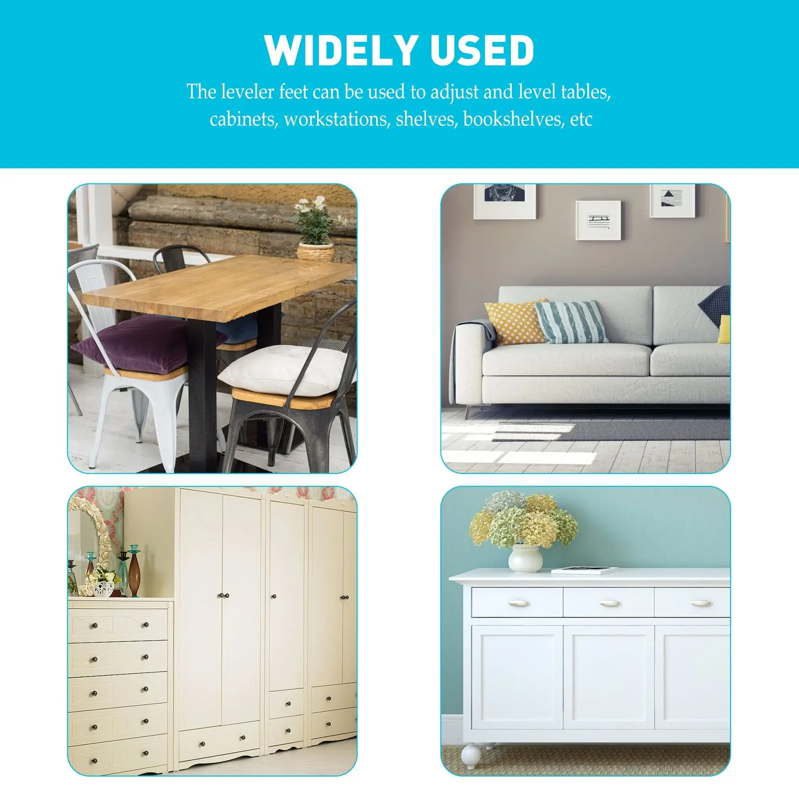 4pcs Furniture Leg Leveler Heavy Duty Adjustable Height Brackets Silver Wardrobe Feet Cabinet Leveler Small Size Anti Slip Pad