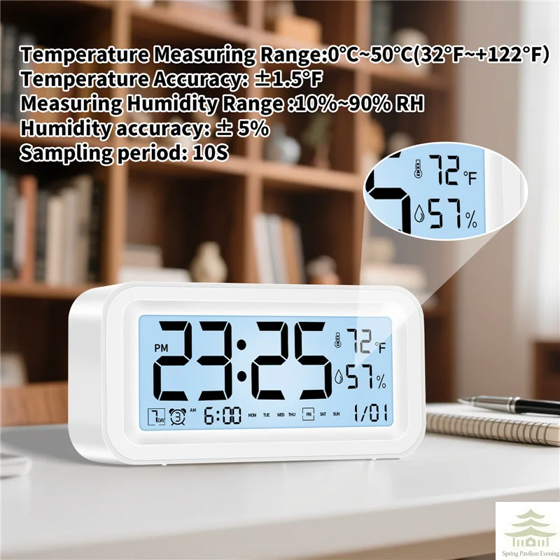 Multi-function Digital Clock LED Brightness Adjustable Temperature and Humidity Display Dual Mode Alarm Clock