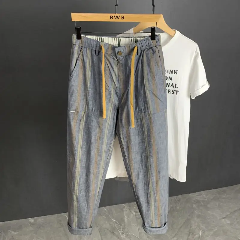 Korean Men Clothing Striped Pantalones Spring Summer Thin Loose Haren Pants Stretch Nine-point Pants Straight Barrel Men's Pants