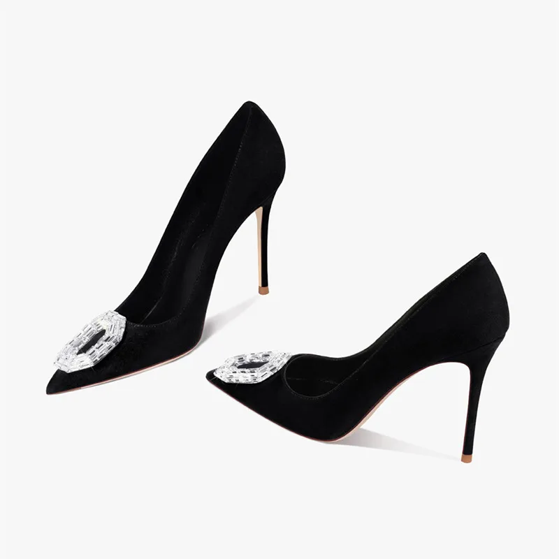 HLTINO Black Pumps with Crystals Women French Style of Sexy High Heeled Shoes Summer Single Shoes Elegant Sexy Evening Shoe