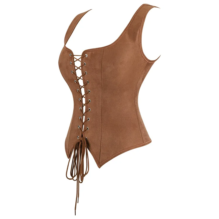 Retro Mittelalterliches Damen-Wildleder-Korsett-Oberteil Vintage Viktorianische Piraten-Damenweste Renaissance Cosplay Piraten-Halloween-Crop-Weste – Detail 3