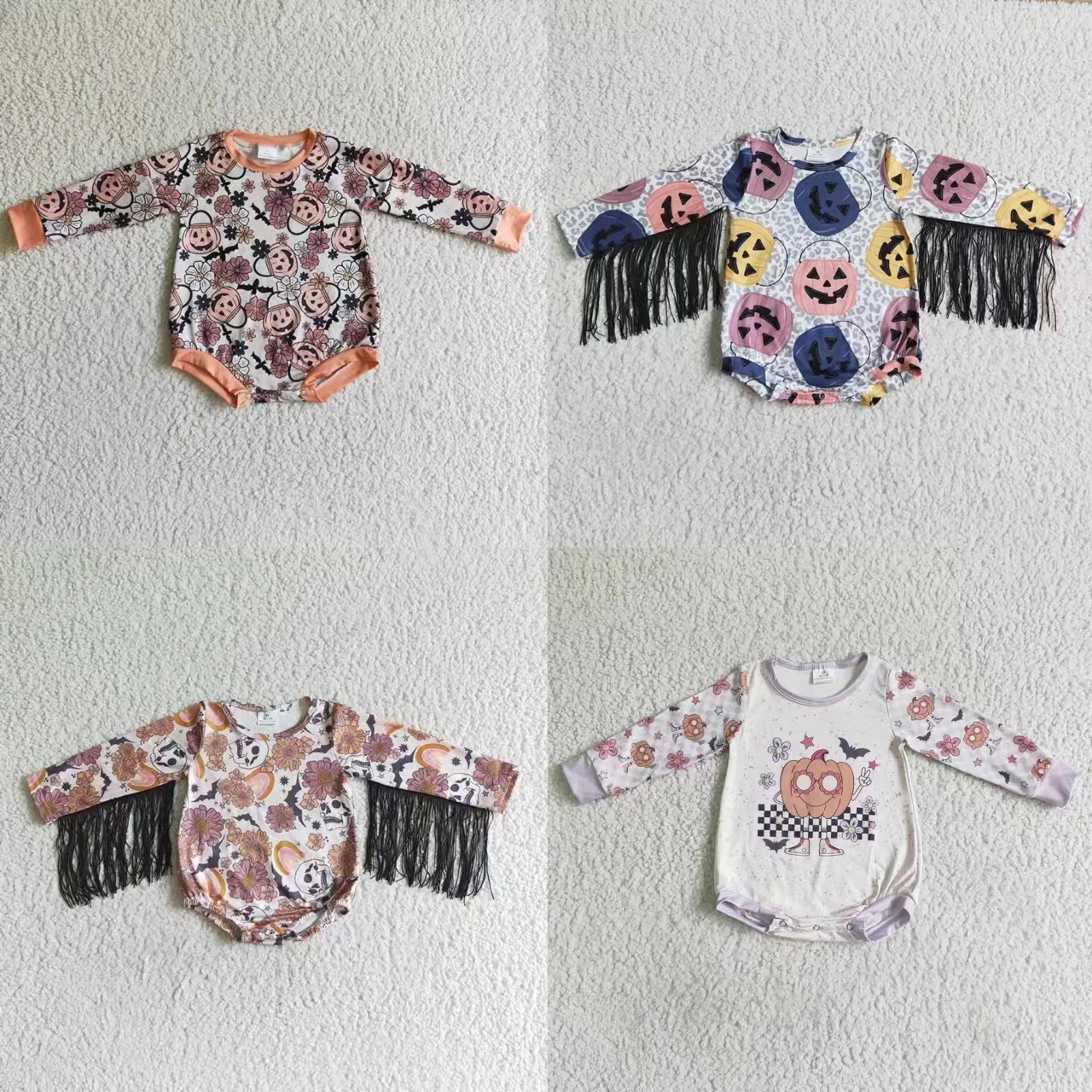 

Wholesale Halloween Bubble Newborn Romper Baby Girls Pumpkin Floral Tassel Jumpsuit Kids Toddler Long Sleeves Flower One-piece