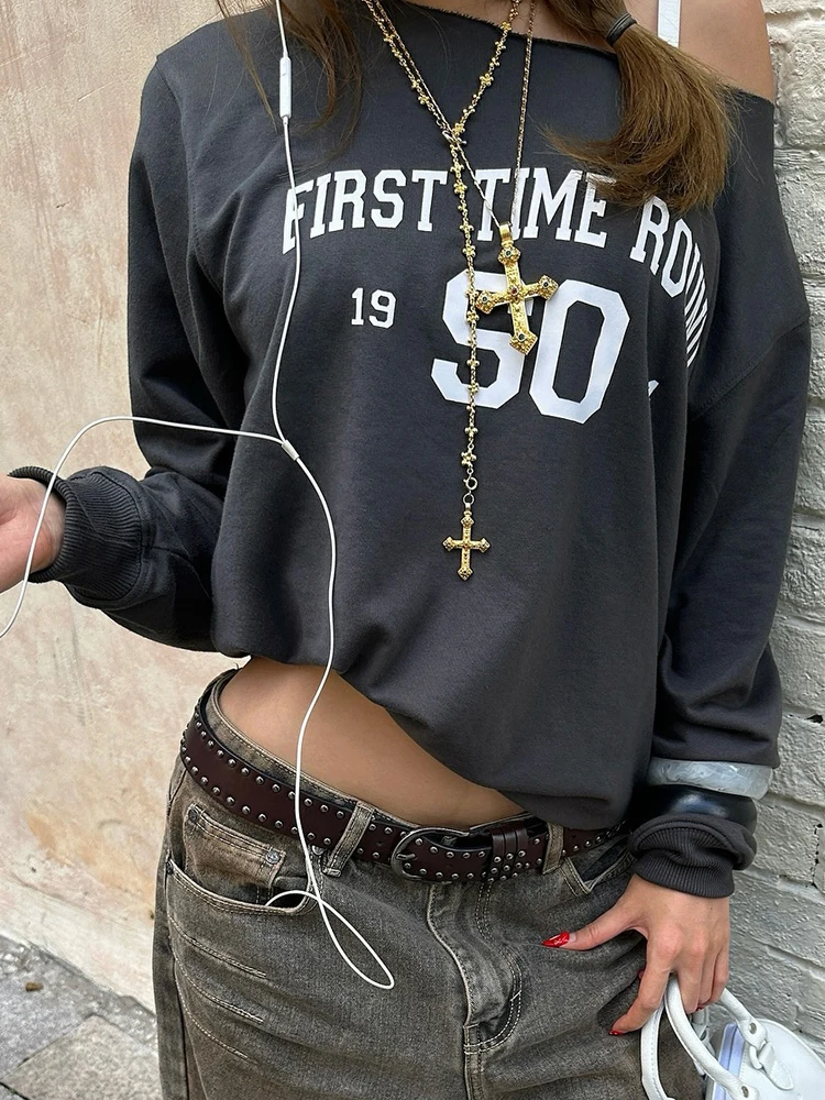 

Женская футболка с буквенным принтом Sisterlind, повседневная уличная одежда с открытыми плечами и косым воротником с длинными рукавами, эластичная обтягивающая классическая трендовая уличная одежда