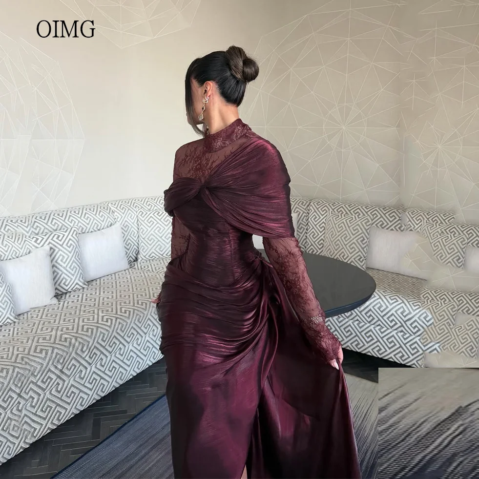 OIMG Lila Hochgeschlossenes Meerjungfrauen-Abendkleid mit Plissee-Spitze, langen Ärmeln, Seitenschlitz, bodenlang, maßgeschneidert.