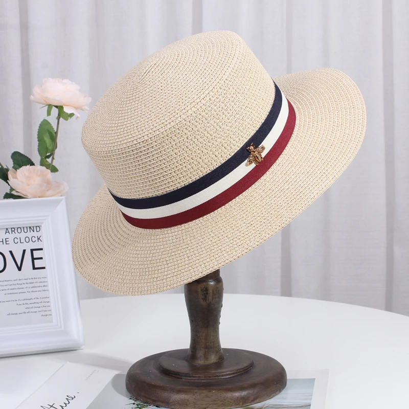 Sun Hats for Women French Flat Brimmed Straw Hat Women\'s British Flat Top Leisure Vacation Panama Beach Cap Chapeu Feminino