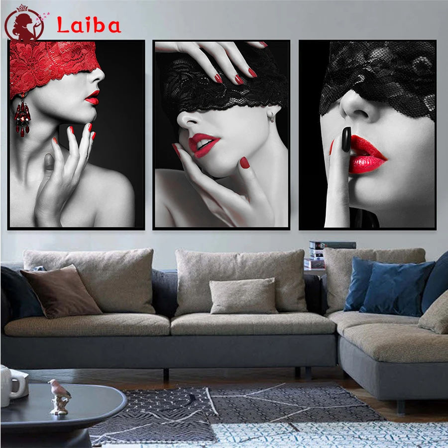 

5d mosaic Diamond Painting Sexy woman with red lips and lace veil diamond Embroidery full Diamond cross stitch home decor3pcs