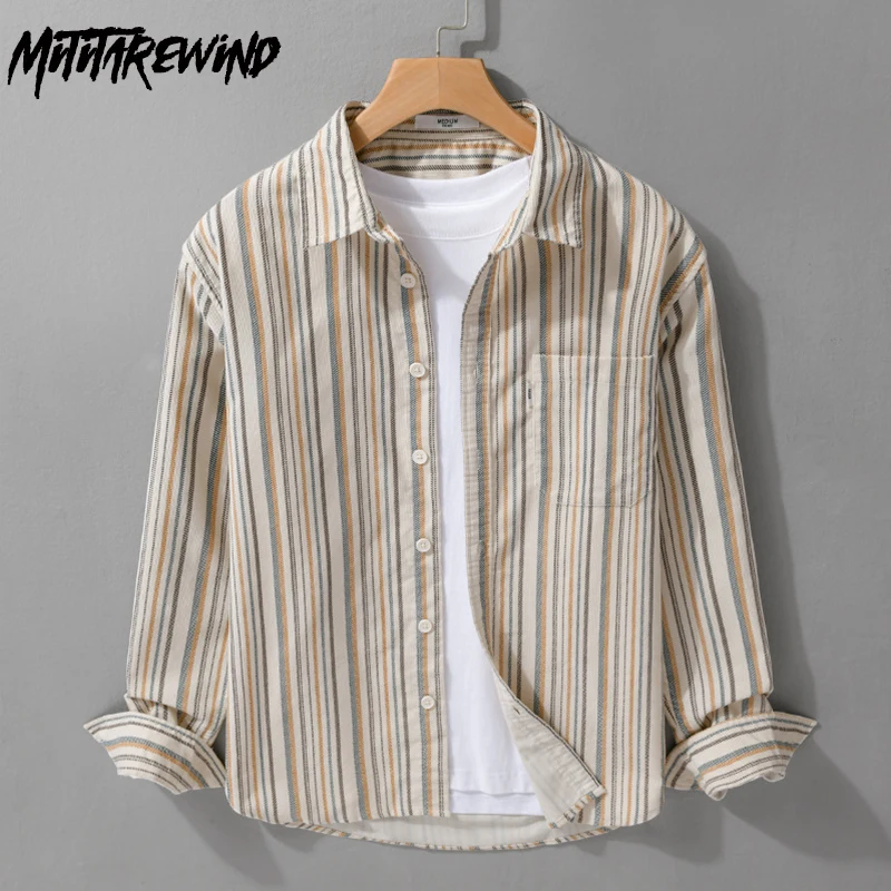 

Spring Fall New Striped Shirt Men Corduroy Top Vintage Clothes Turn Down Collar Pocket Causal Long Sleeve Shirt Man Loose Shirts