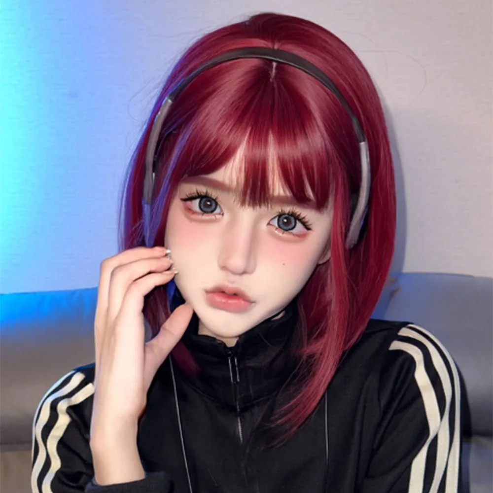 HAIRCUBE Wine Red Bob peruki z grzywką krótki Bob peruki syntetyczne dla kobiet żaroodpornych peruki syntetyczne codzienne włókna włosów Cosplay