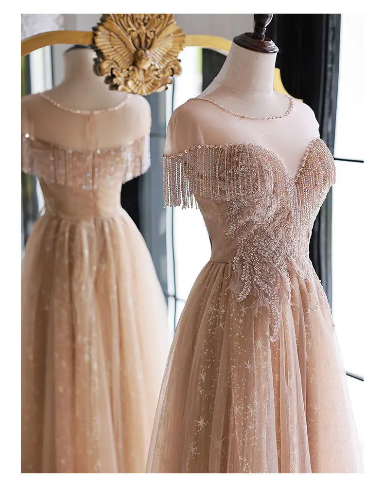 

Elegant Champagne Evening Dress Heart Neck Pearl Tassel Gown Star Sparkle Tulle Off-the-Shoulder Formal Evening Dress