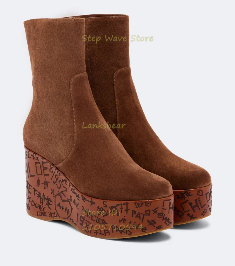 Platform Wedges Brown Suede Ankle Booties Zipper Round Toe Handmade 2026 Winter Autumn Women Dress Shoes New Arrivals 2026
