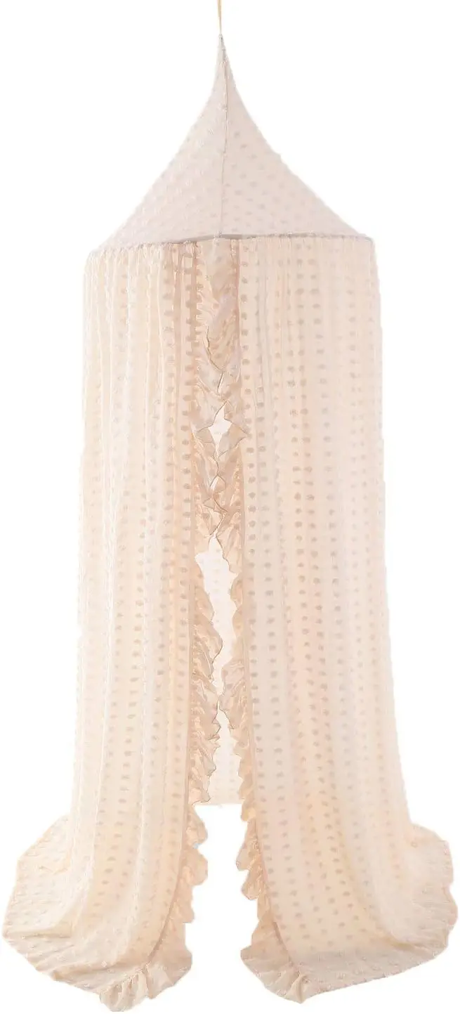 

Elegant Kids Bed Canopy - Lace Chiffon Netting with Pom Poms, Princess Fairy Dream Tent for Nursery Room Decoration (Beige)