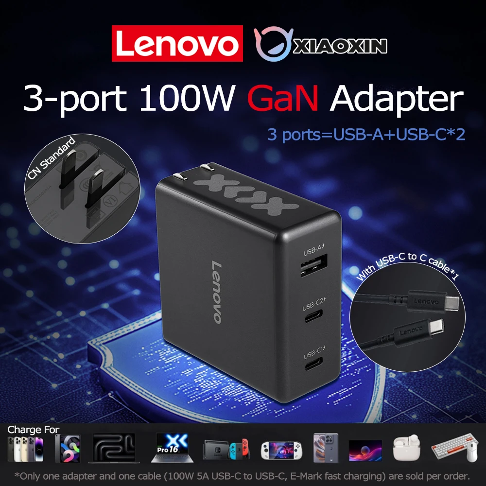 Lenovo Xiaoxin 100W GaN Multi-Port Adapter 3-Port USBA TypeC For Lenovo Laptop moto 125W Phone Earphones iPhone iPad MacBook