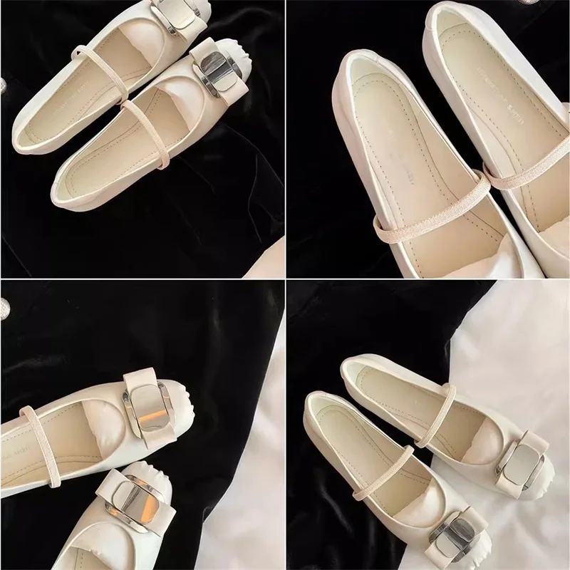 Designer Vrouwen Mary Jane Koeienhuid Schoenen Mode Enkelgesp Vierkante Neus Vlinderdas Comfort Zachte Zool Flats Ballerina Schoenen