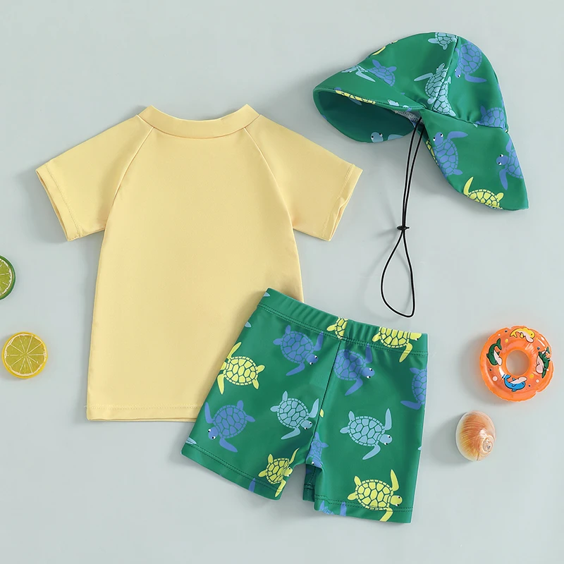 Toddler Boys Rash Guard 3 Piece Sets Swimsuit Suits Short Sleeve Tops Turtle Print Swim Trunks Swim Cap Bathing Suits