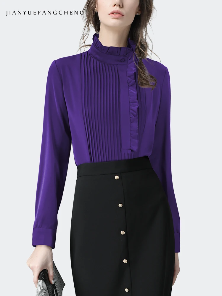 2024 Spring New Women\' Purple Ruffles Pleated Blouse Elegant Slim Long Sleeve Asymmetrcial Shirt Fashion Office Ladies Tops