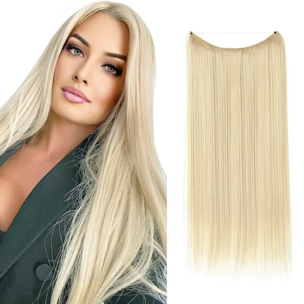 

Blonde Halo Hair Lace Clip in Hair Extensions Human Hair Straight Fish Line Natural 4 Clips Halo Hair Extensions