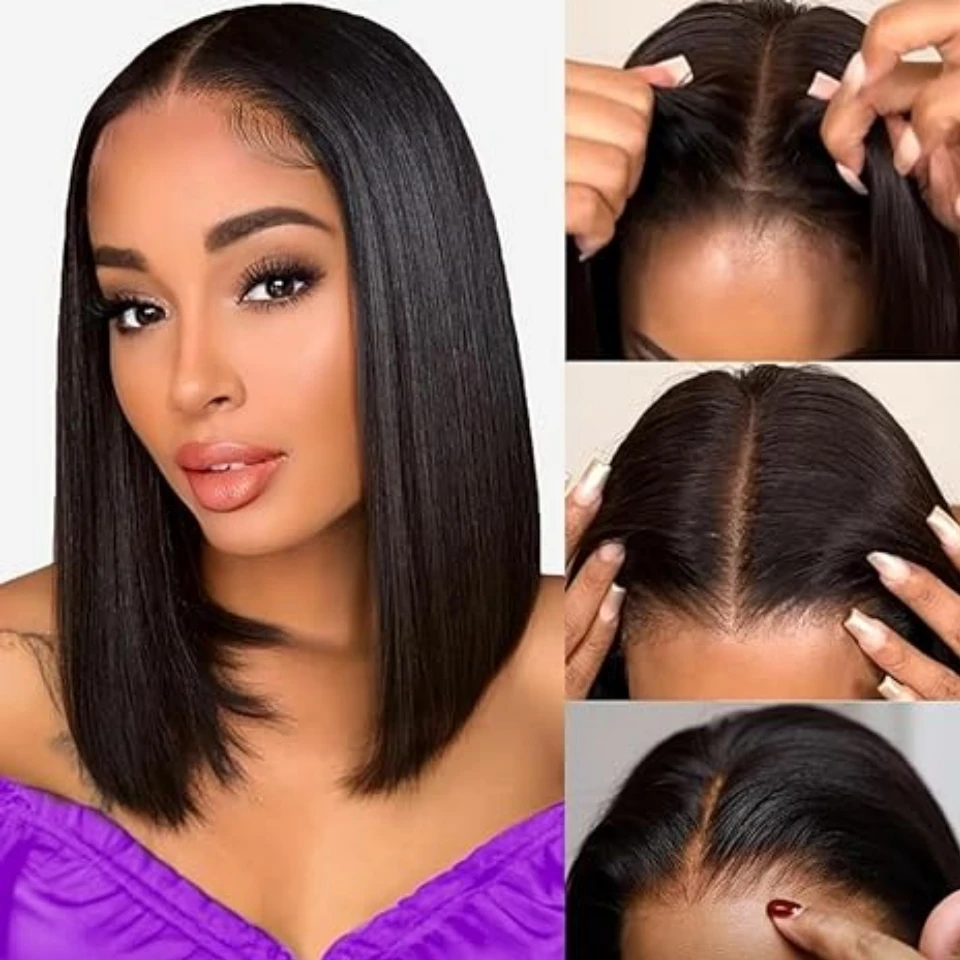 

300% Плотность 13x4 Прямой Короткий Боб Прозрачные Парики Фронта Шнурка Предварительно Сорванные 13x4 HD Парик Фронта Шнурка 100% Парик Человеческих Волос