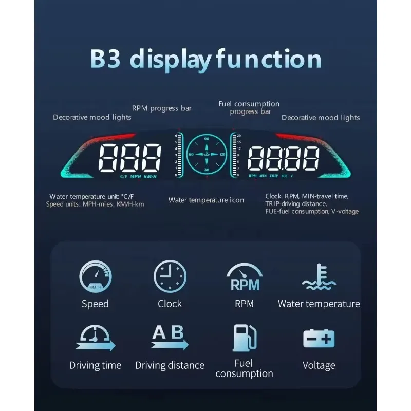 Medidor OBD2 para Auto, HUD Multifunción, Velocímetro, Temperatura del Agua, Pantalla Head-Up B3, Electrónica para Auto, Accesorios Universales 2026 4