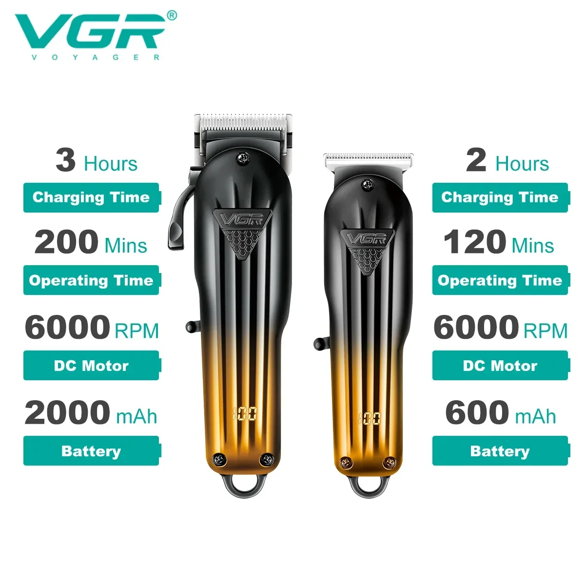 VGR Hair Trimmer Electric Hair Cutting Machine Cordless Hair Clipper Rechargeable Barber Digital Display Trimmer for Men V-646