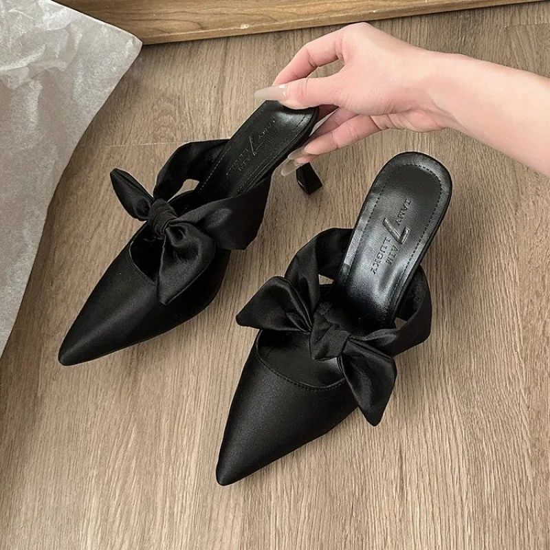 

Women's 2026 New Style Closed Toe Mule Slippers Pointed Toe Stiletto High Heel Sandals Bowknot Office Work Shoes Match Dresses