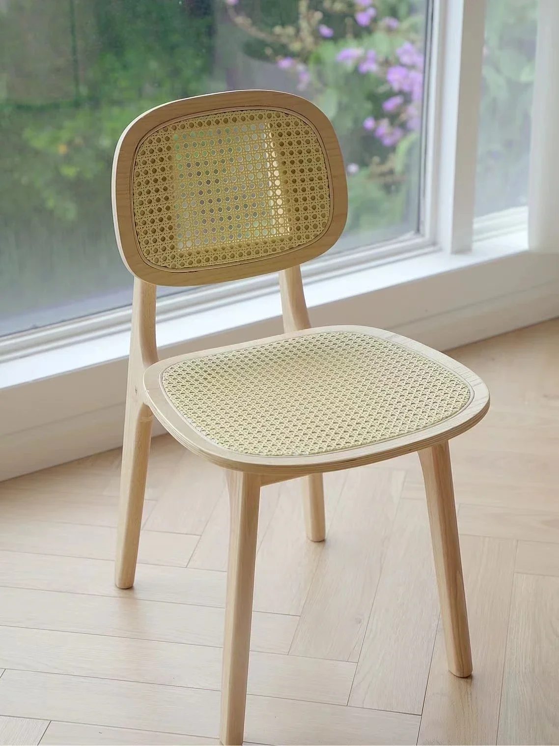 

Fashion Rattan Solid Wood Backrest Dining Chair Nordic Home French Log Color Chair Wabi-sabi Wind Second-hand Homestay
