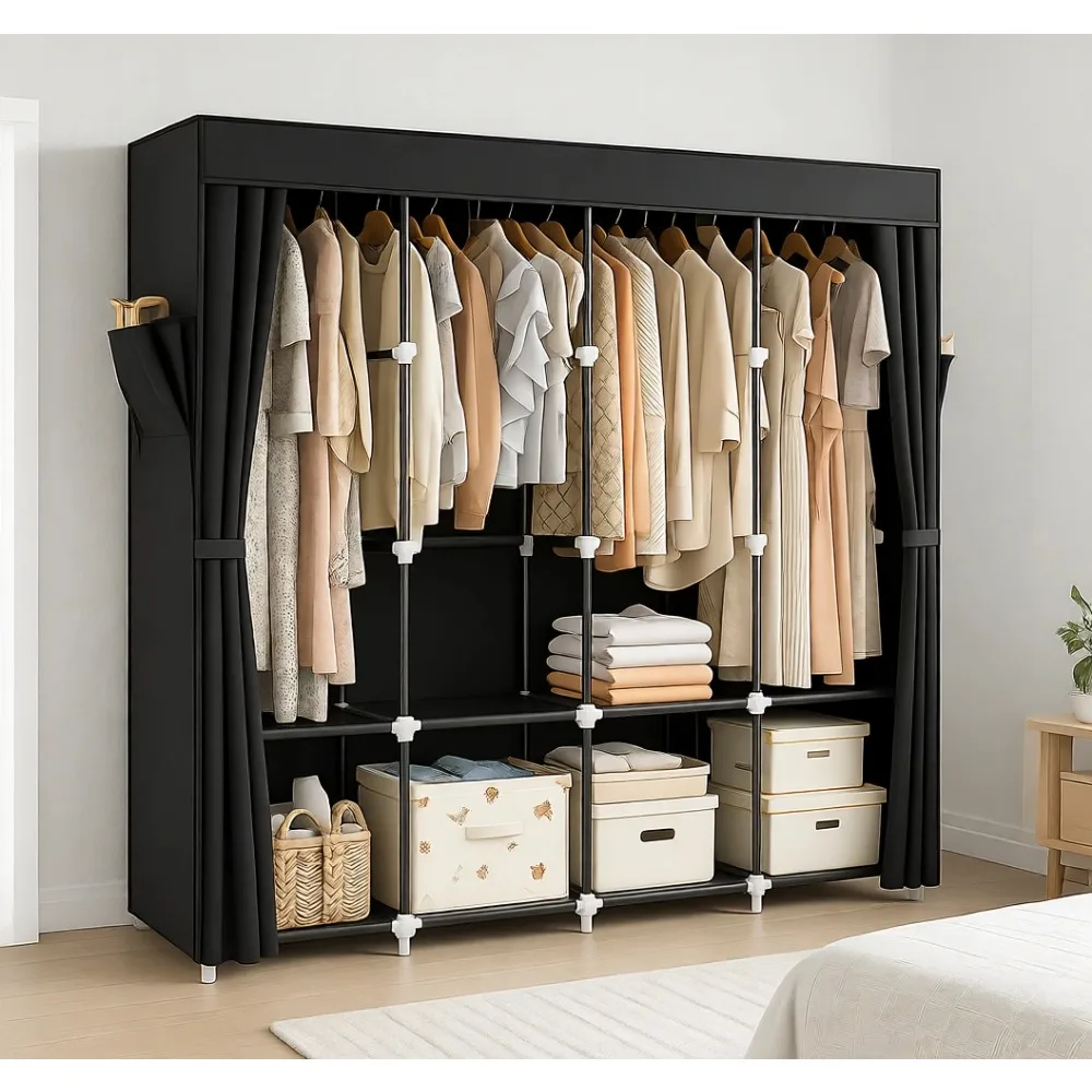 

Портативный шкаф-гардероб 66 дюймов с чехлом, вешалками, полками, боковыми карманами, большой вместимостью для хранения одежды