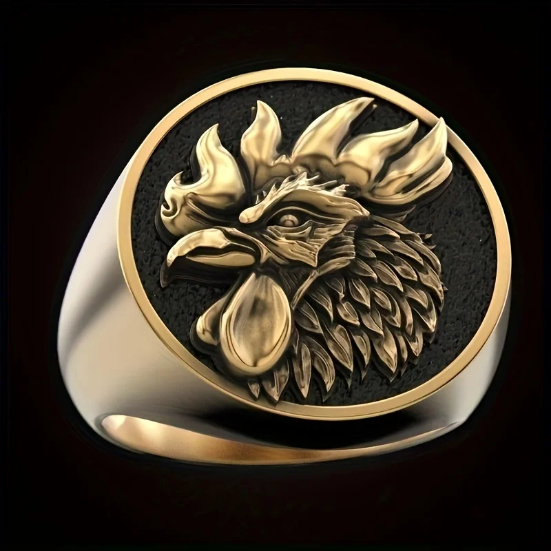 Personality Vintage Carving Rooster Punk Rings for Men Noble 14K Gold Plated Drip Oil Biker Rings Male Birthday Gift