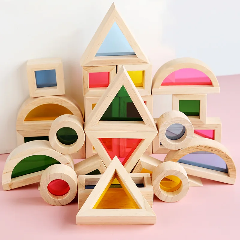 Rainbow Blocks Transparent Acrylic Stacking Toys Solid Rubber Wood Wooden Building Stacker Montessori Toys for Kids Children