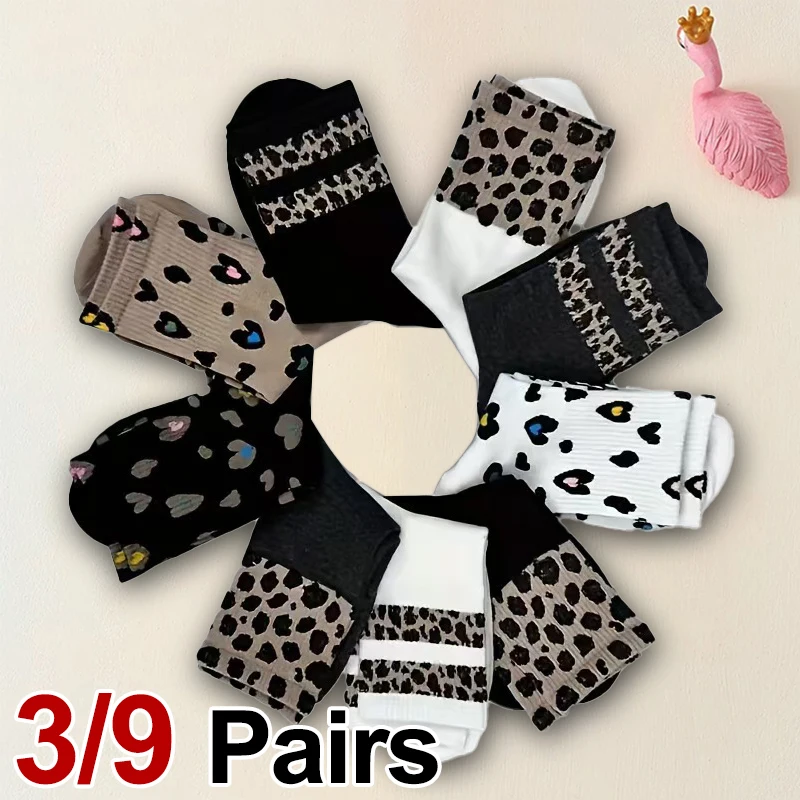 3/9 Paar Damen-Socken mit Leopardenmuster, Herbst und Winter, geruchsabweisend, schweißabsorbierend, modisch, für alle Jahreszeiten, Freizeitsocken
