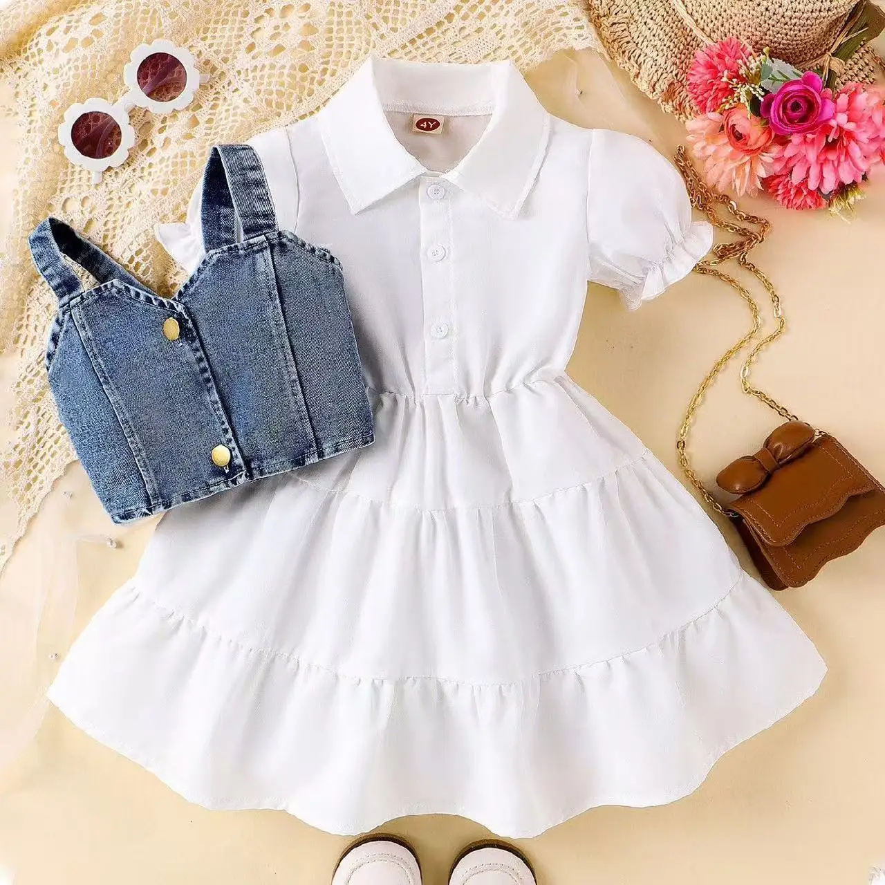

Girls' Spring and Summer Denim Dress Children's New Dress Two-piece Set Fashionable Set for Baby Girls 3-7Y